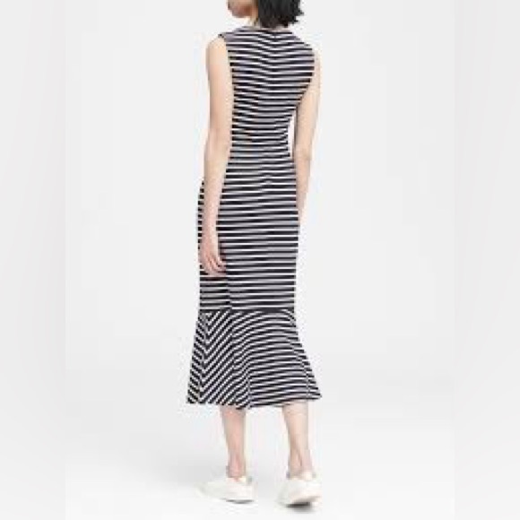 NWT Banana Republic Navy Stripe Ponte Flounce Midi Sleeveless Dress Size 14 - Picture 2 of 12